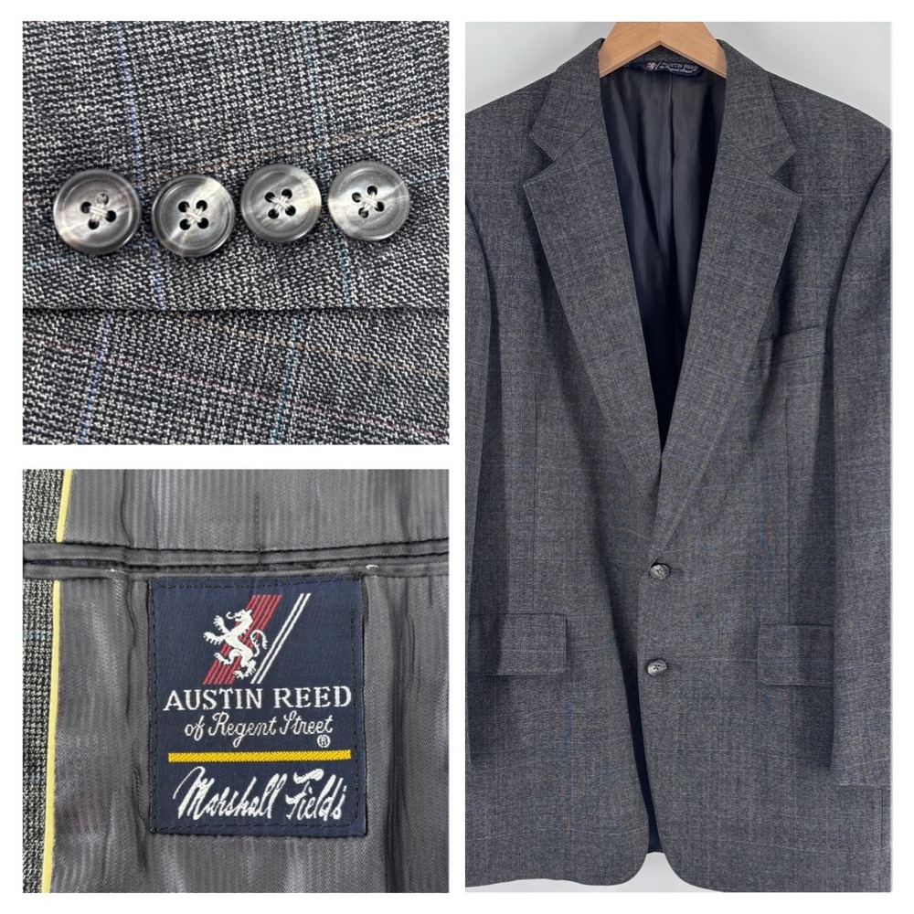Austin Reed Sport Coat Mens 44 Gray Glen Plaid Wool Blazer Marshall‎ Fields USA